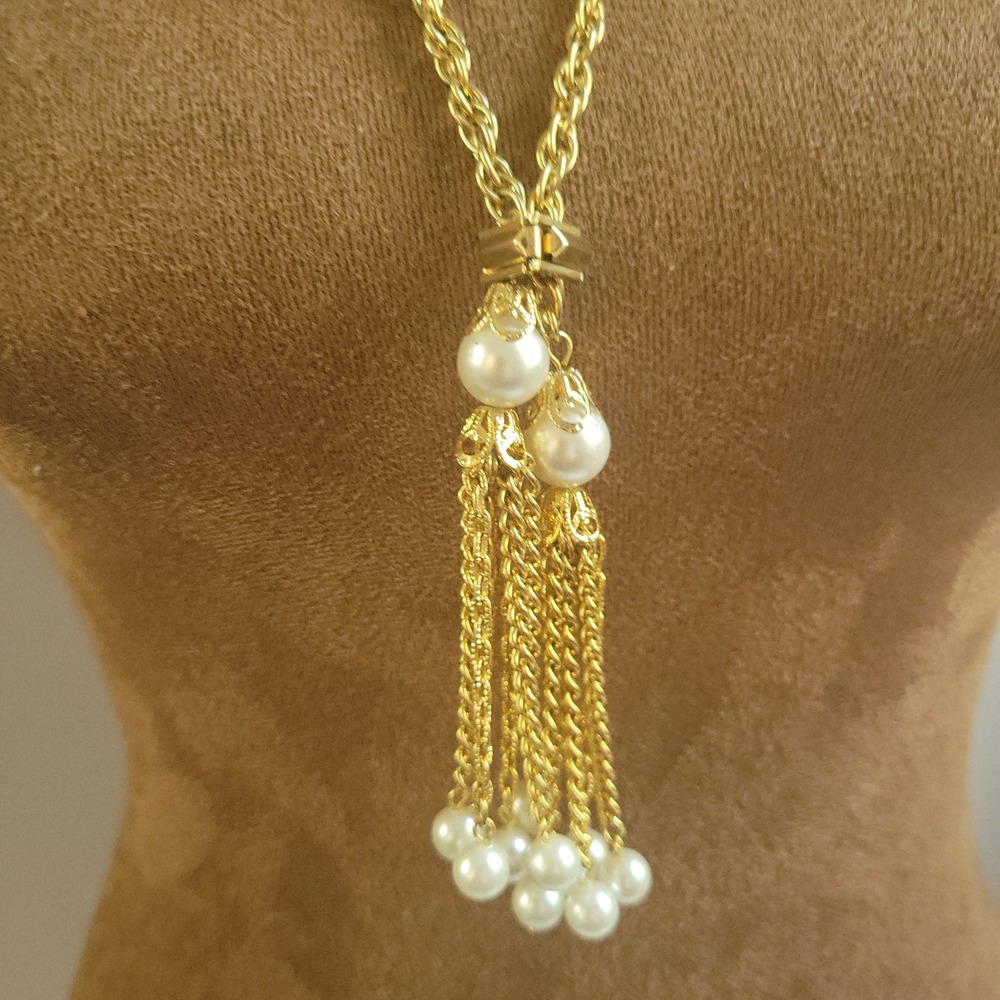 Vintage Gold Tone Faux Pearl Tassel Long Rope Chain Necklace 24" Victorian - Picture 2 of 6
